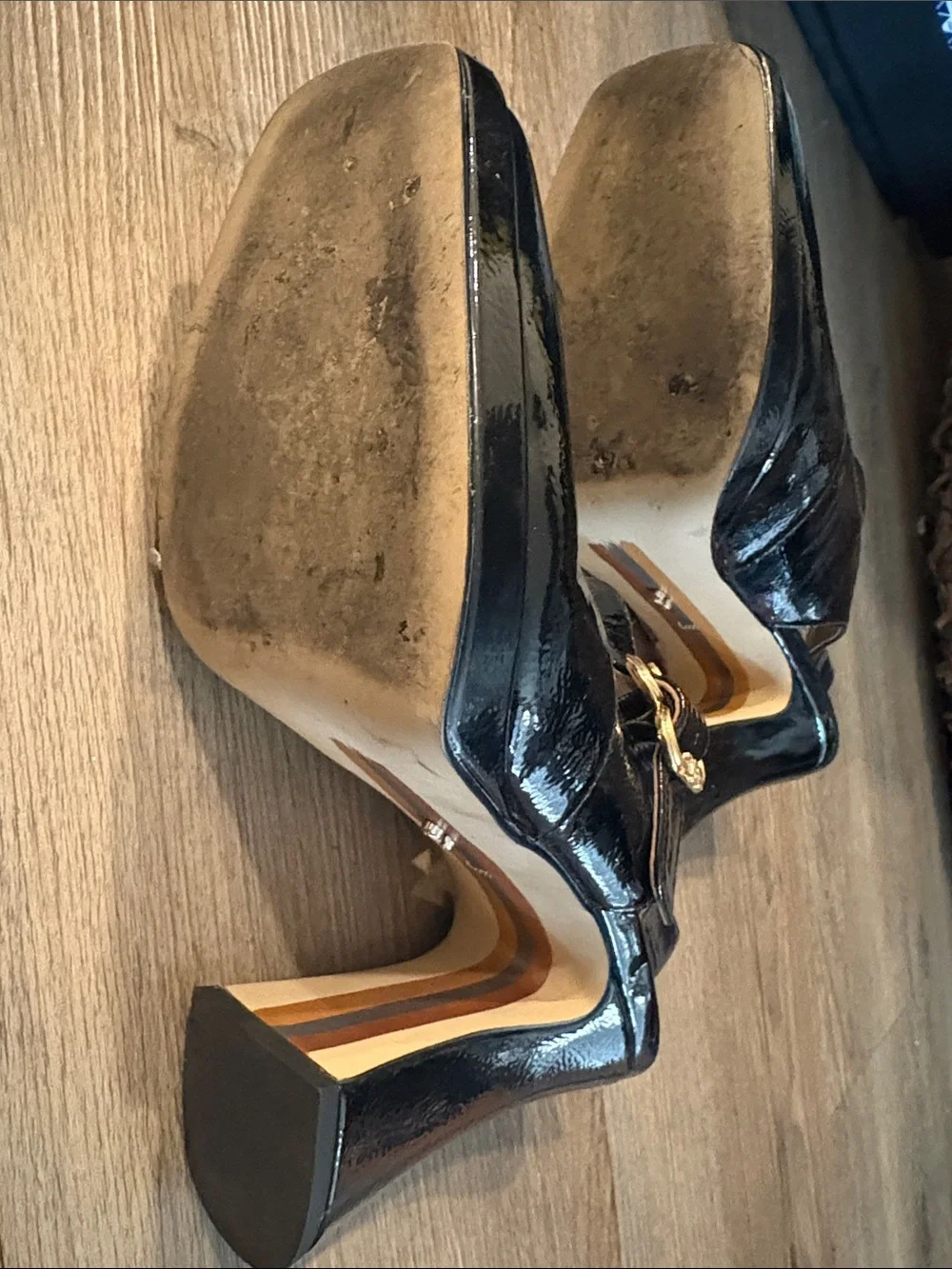 Sam Edelman Black Patent Slingback Heels with Gold Buckle